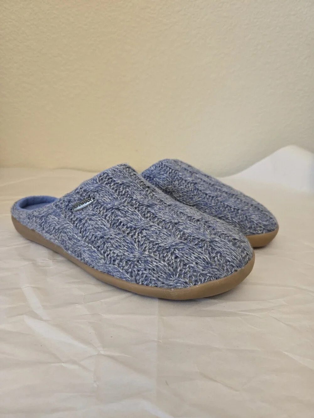 Cosyfeet Purewool Men's Sz 9 Slip On Benny Mules Blue Cable Knit Warm & Comfy